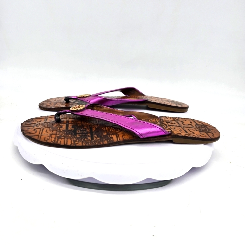 Tory Burch Metallic Purple Logo Flip Flops
